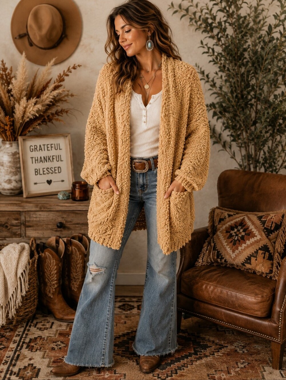 Hayden NWT 1X/2X Camel Popcorn Knit Oversized Open Front Cardigan